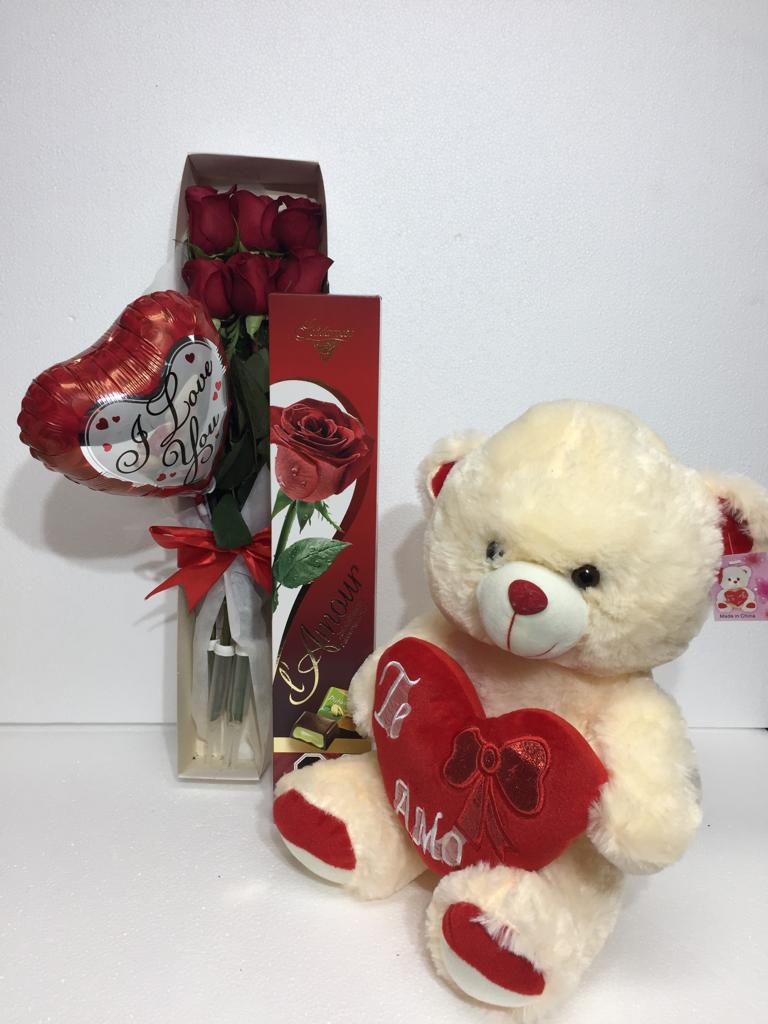 Box San Valentín 6 Rosas, Bombones y Peluche Oso Corazón
