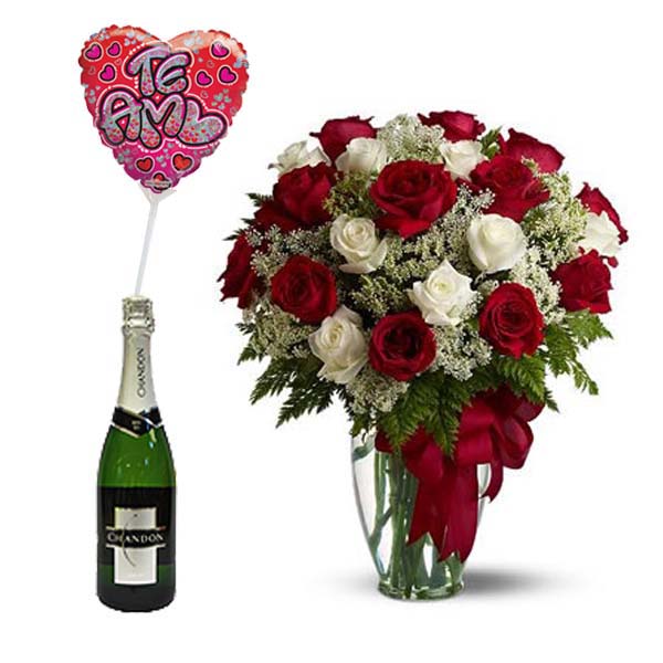 Florero Rosas Para Conquistar + Champagne Chandon 375 cc  + Globito