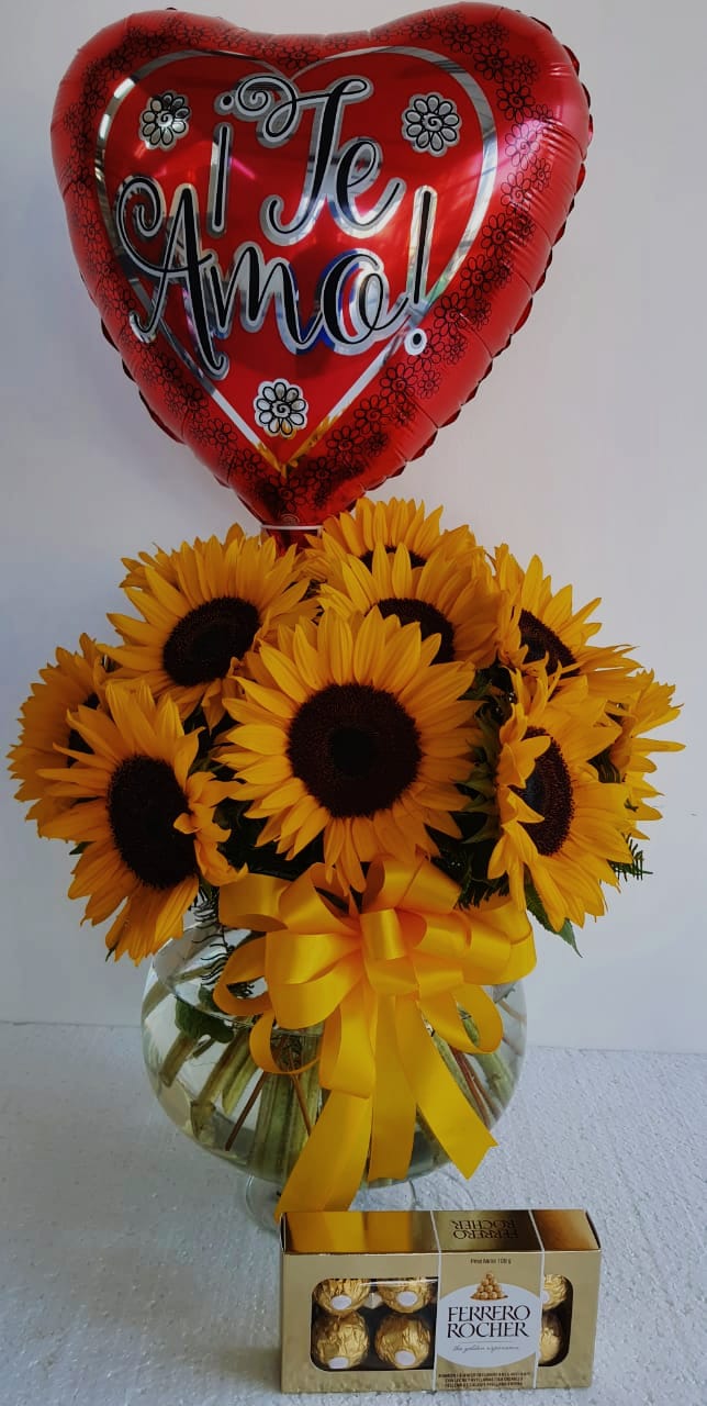 Copa 20 Girasoles, Bombones Ferrero Rocher de 100 grs y Globito