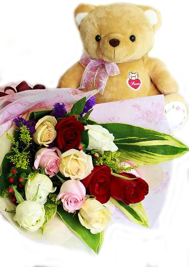 Bouquet en 12 Rosas Ecuatorianas y Peluche 45cm