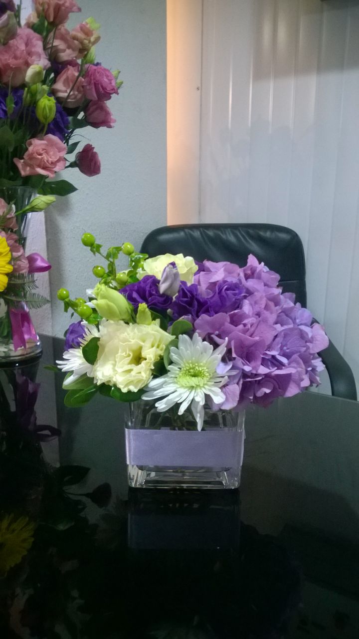 Hortensias Primaverales en Florero Cubo