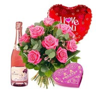 Bouquet de 12 Rosas ms Bombones Corazn, Champaa 750cc y Globito