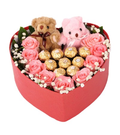 9 Rosas en Caja Corazn, Bombones Ferrero Rocher y 2 Peluchitos 