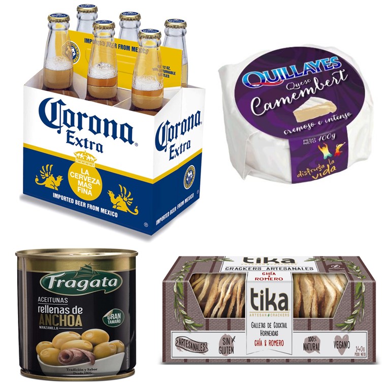 Cerveza Corona, Queso camembert, Aceitunas Y Galletas Artesanales Crackers