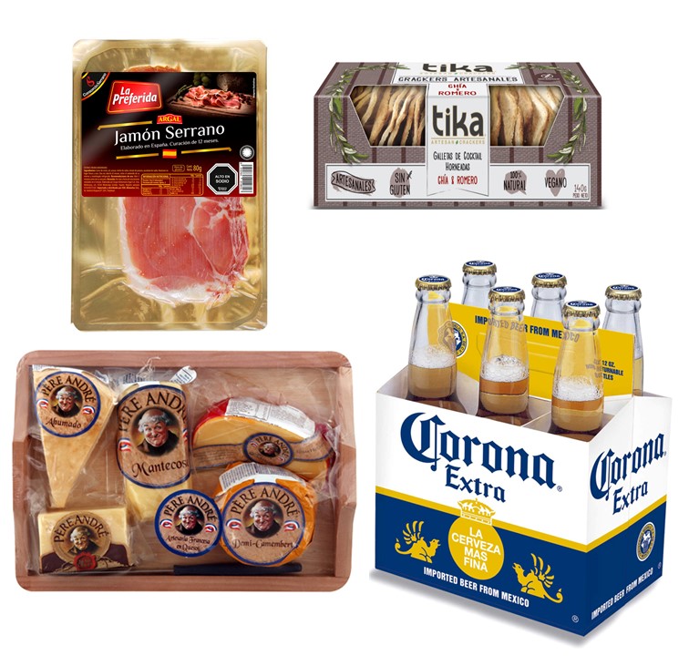 Cerveza Corona, Tabla 5 Quesos, Jamn Serrano y Galletas Crackers