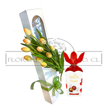 Caja de 10 Tulipanes ms Bombones Heidi Bouquet 120 Grs