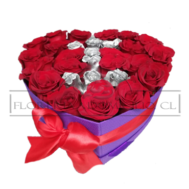 Caja Corazn con 25 Rosas con 1 Letra