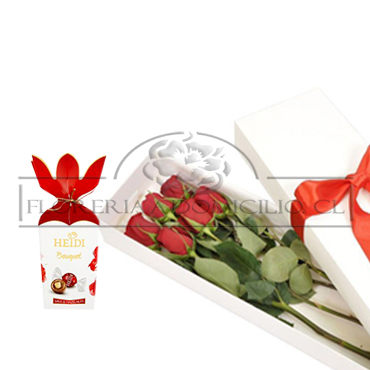 Caja de 06 Rosas ms Bombones Heidi Bouquet de 120 grs