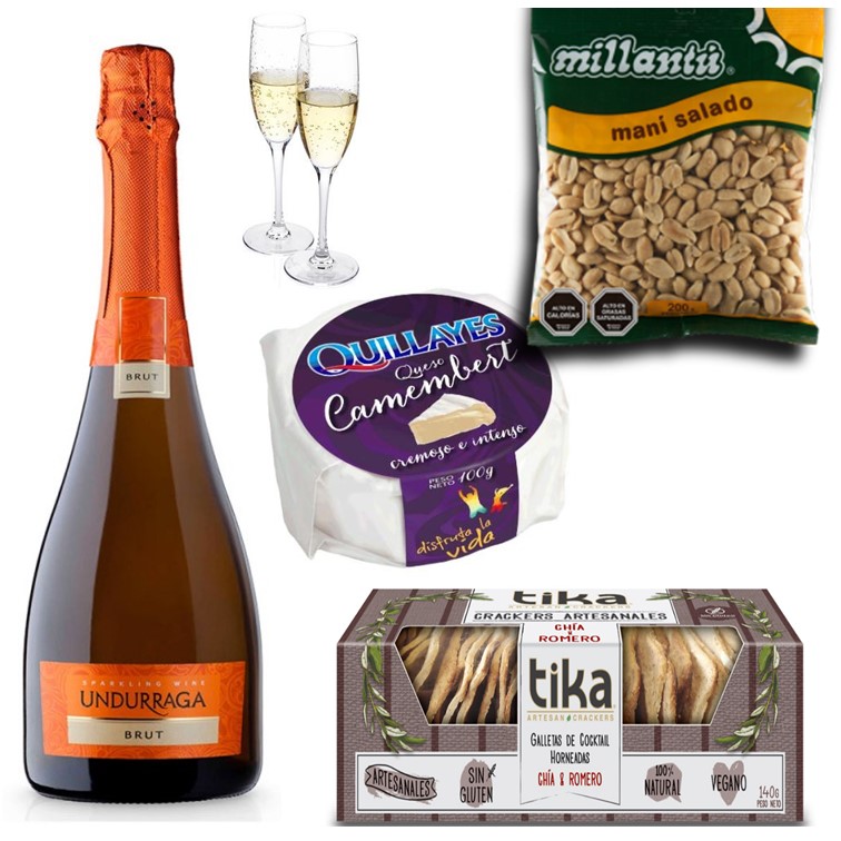  Champagne 750 cc, Queso Camembert, Galletas Crackers Artesanales, Man y Copas