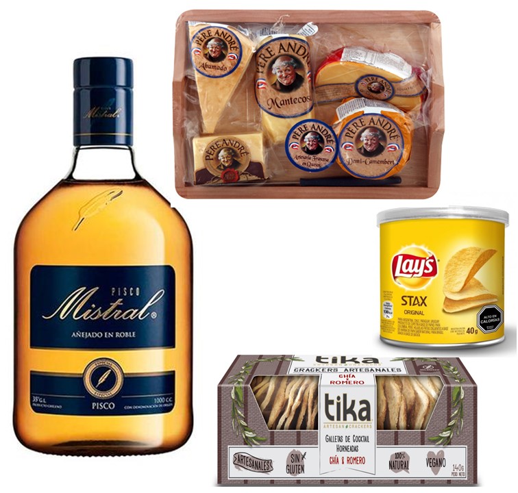 Pisco Mistral, Tabla 5 Quesos, Galletas crackers Artesanales Y Papas Fritas En Tarro