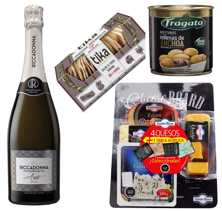 Champagne Riccadonna, Tabla 4 Quesos, Aceitunas, Galletas Crackers