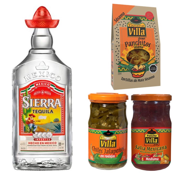 Tequila, Chiles Jalapeos, Tortillas y salsa Mexicana