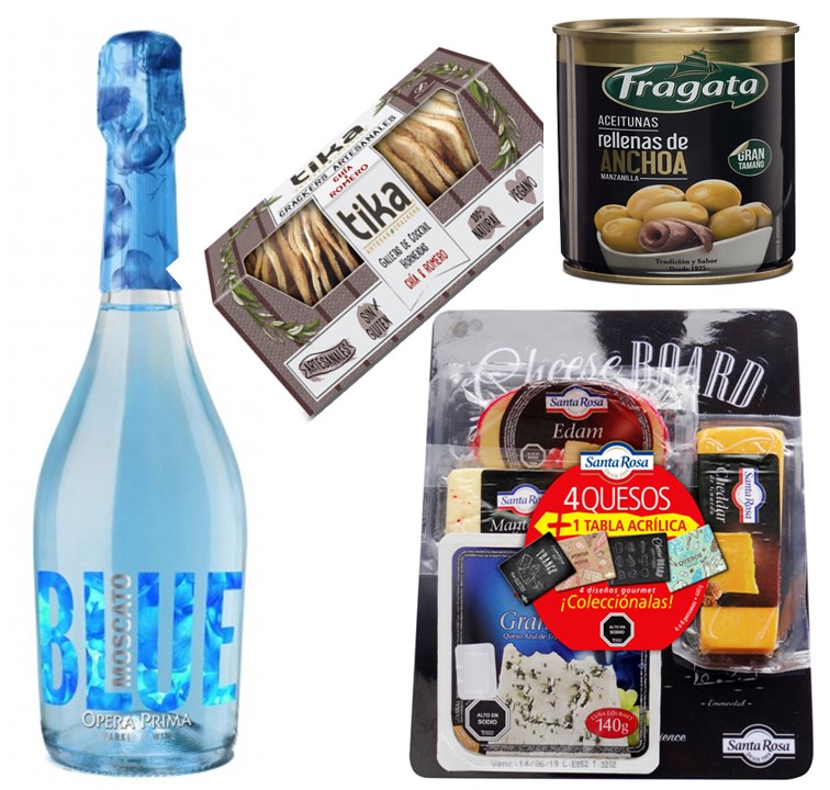 Espumante Opera Prima Blue, Tabla 4 Quesos, Aceitunas, Galletas Crackers