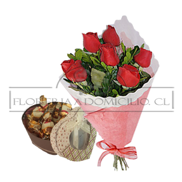 Ramo de 06 Rosas ms Bombones y Caramelos Surtidos en Caja Corazn