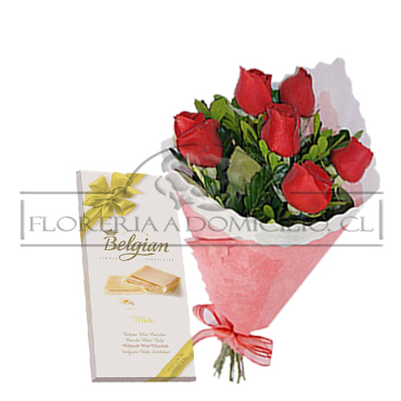 Ramo de 06 Rosas ms Tableta de Chocolate Blanco Heidi Pure 80 grs