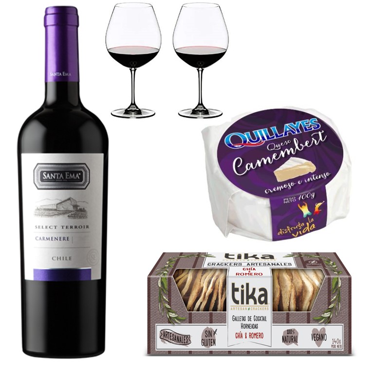 Vino 750 cc, Queso camembert, Galletas Crackers Artesanales y Copas