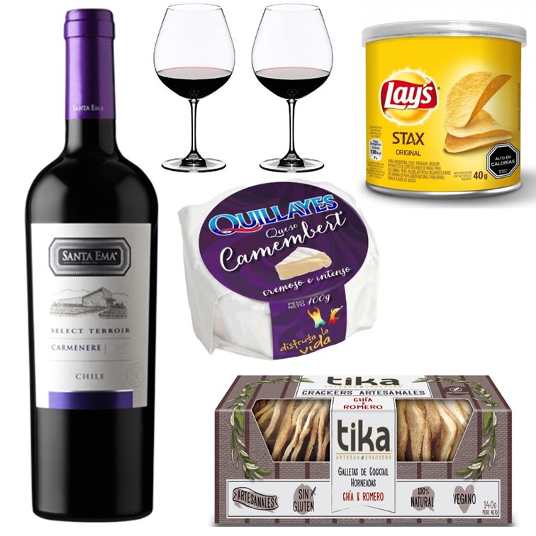 Vino 750 cc, Queso camembert, Galletas Crackers Artesanales, Papas Fritas y Copas