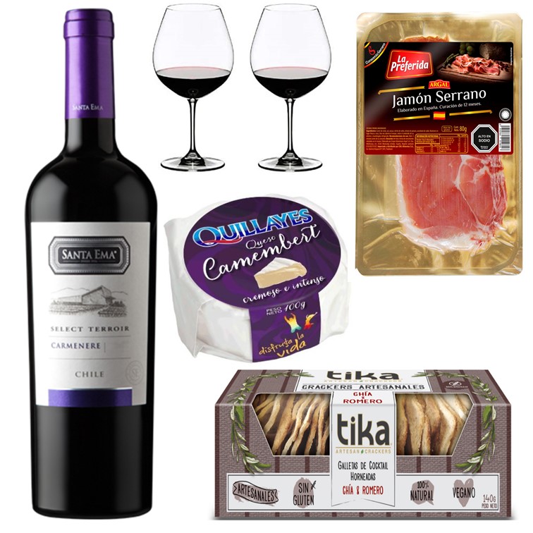 Vino, Queso Camembert, Jamn Serrano, Galletas Crackers y Copas