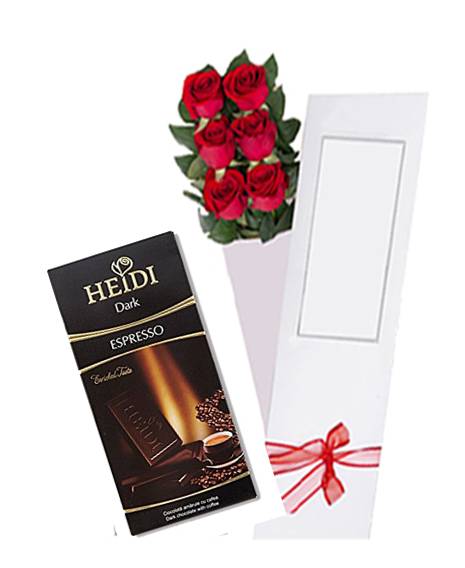 Caja de 06 Rosas ms Tableta de Chocolate Dark 80 Grs