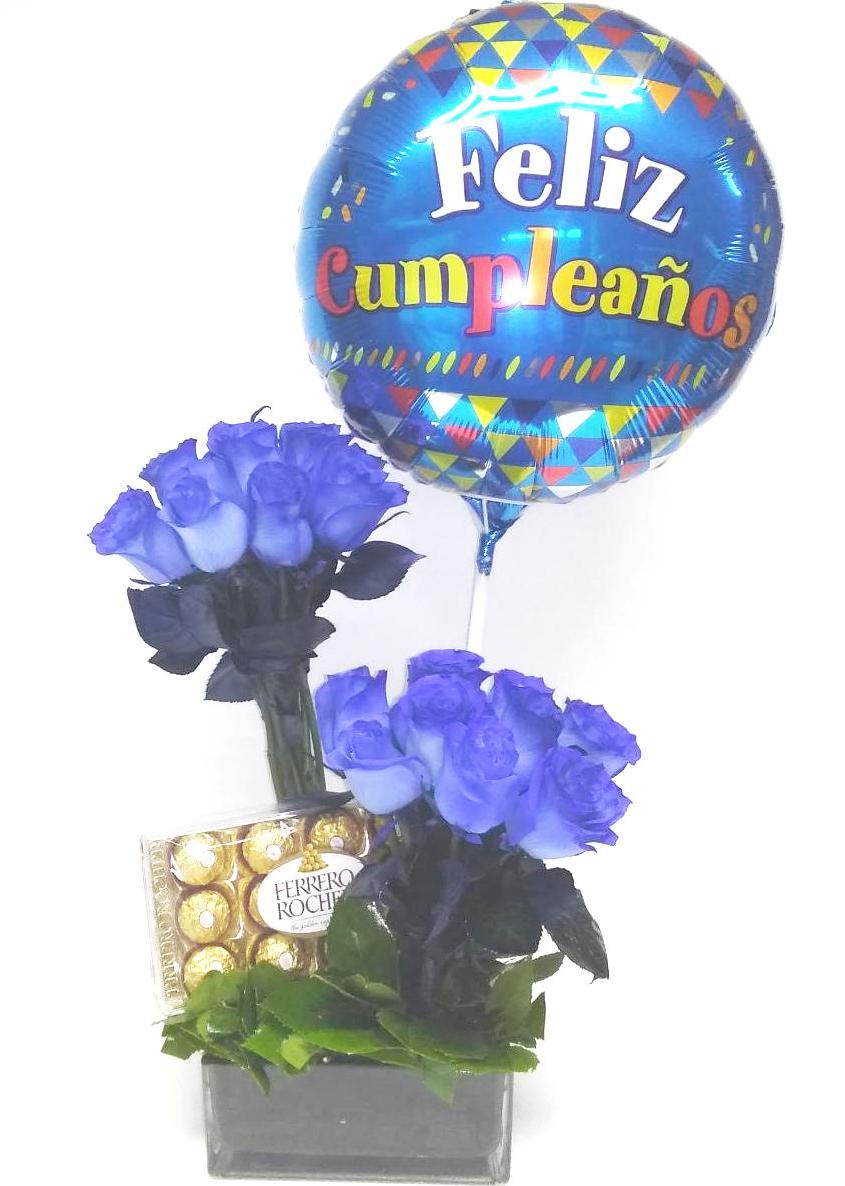 Florero 24 Rosas Azules, Bombones Ferrero Rocher 150grs y Globo grande