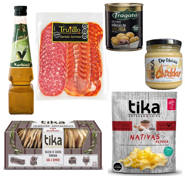 Surtido Serrano, Galletas Crackers, Papas Artesanales, Aceitunas, Salsa y Aceite