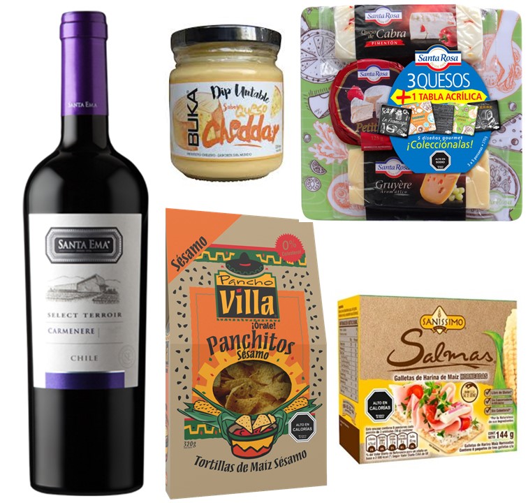 Vino, Tabla 3 Quesos, Tortillas de Maiz, Salsa, Galletas Saludables