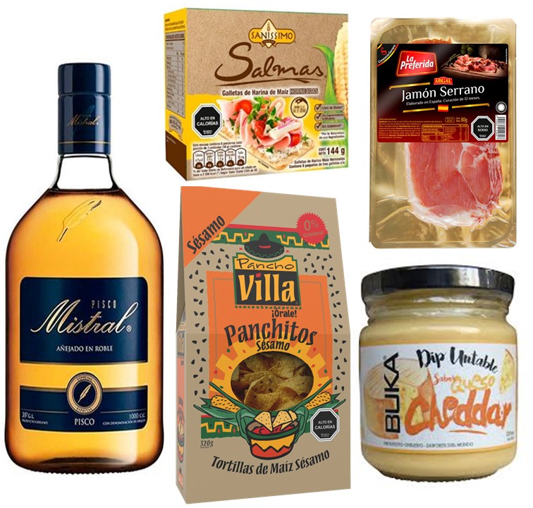 Pisco Mistral, Jamn Serrano, Tortillas de Maiz, Salsa y Galletas Saludables