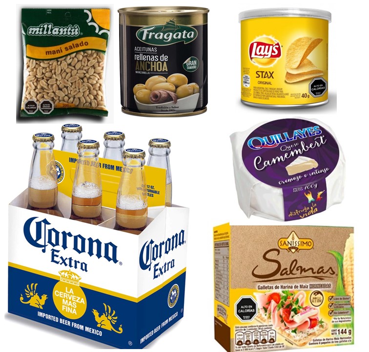 Cerveza Corona, Queso camembert, Aceitunas, Galletas Saludables, Man y Papas 