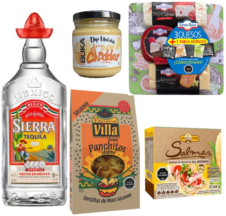 Tequila, Tabla 3 Quesos, Tortillas de Maiz, Salsa, Galletas Saludables