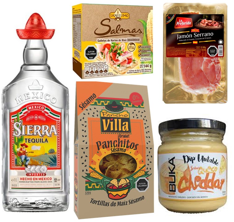 Tequila, Jamn Serrano, Tortillas de Maiz, Salsa y Galletas Saludables