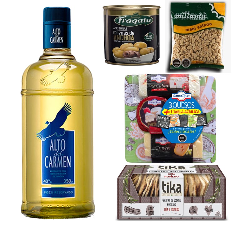 Pisco Alto DelCarmen, Tabla 3 Quesos, Galletas Crackers, Aceitunas y Man