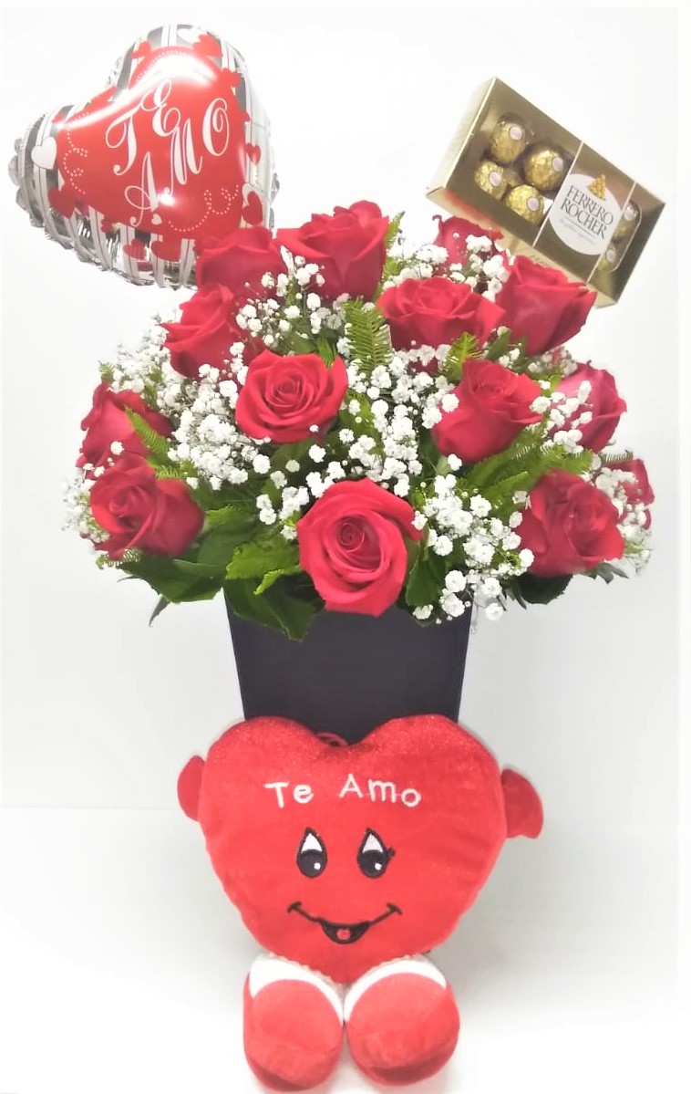 Caja especial 24 rosas ecuatorianas, Bombones Ferrero Rocher 100grs, Peluche Corazon y Globito