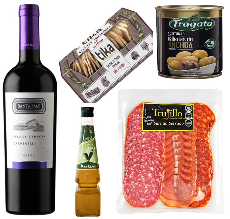 Vino, Surtido Serrano, Galletas Crackers, Aceitunas y Aceite 