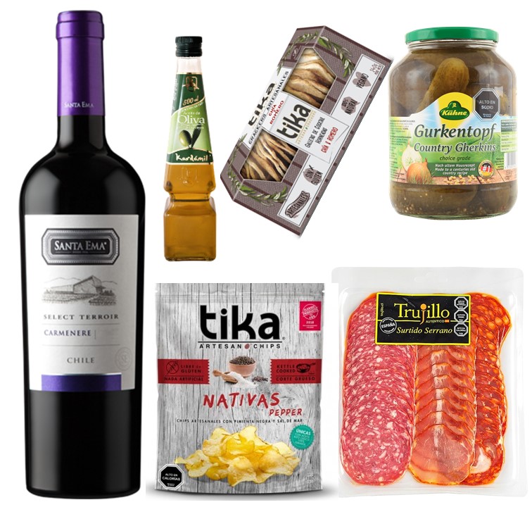 Vino, Surtido Serrano, Galletas Crackers, Papas, Pepinillos y Aceite