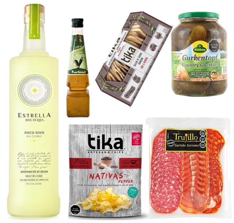 Pisco Sour Estrella del Elqui, Surtido Serrano, Galletas Crackers, Papas, Pepinillos y Aceite