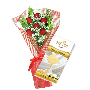 Ramo de 06 Rosas ms Tableta de Chocolate Blanco Heidi Pure 80 grs