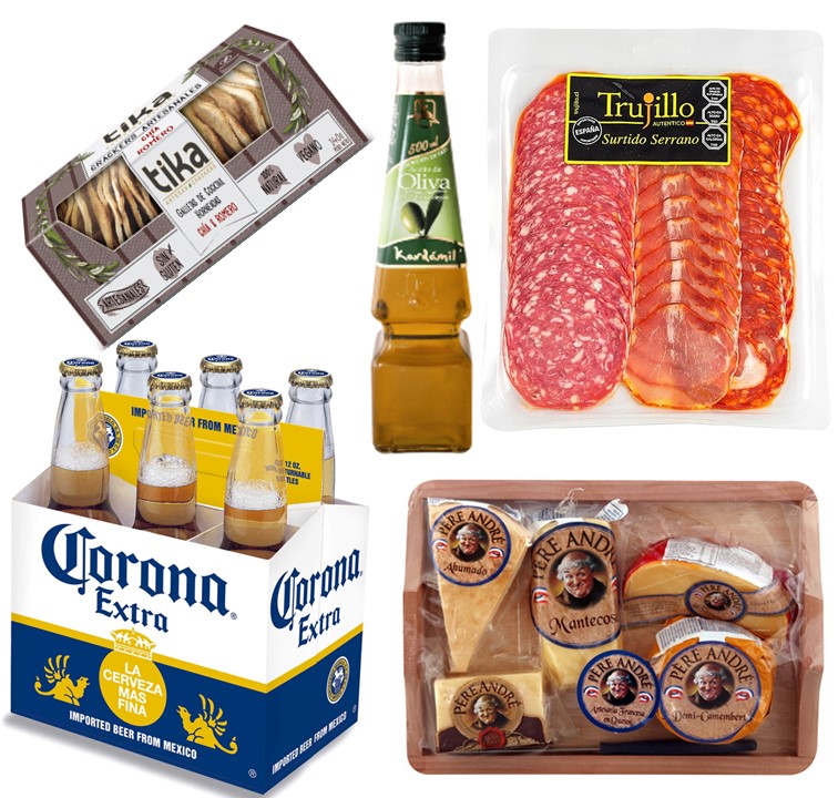 Cerveza Corona, Tabla 5 Quesos, Surtido Serrano, Galletas Crackers y Aceite 