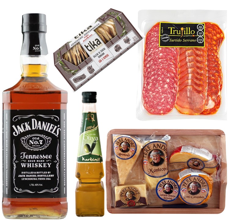 Whisky Jack Daniels, Tabla 5 Quesos, Surtido Serrano, Galletas Crackers y Aceite