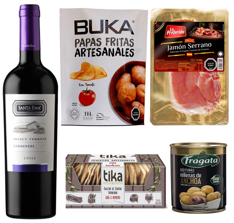 Vino, Jamn Serrano, Papas Artesanales, Galletas Crackers y Aceitunas