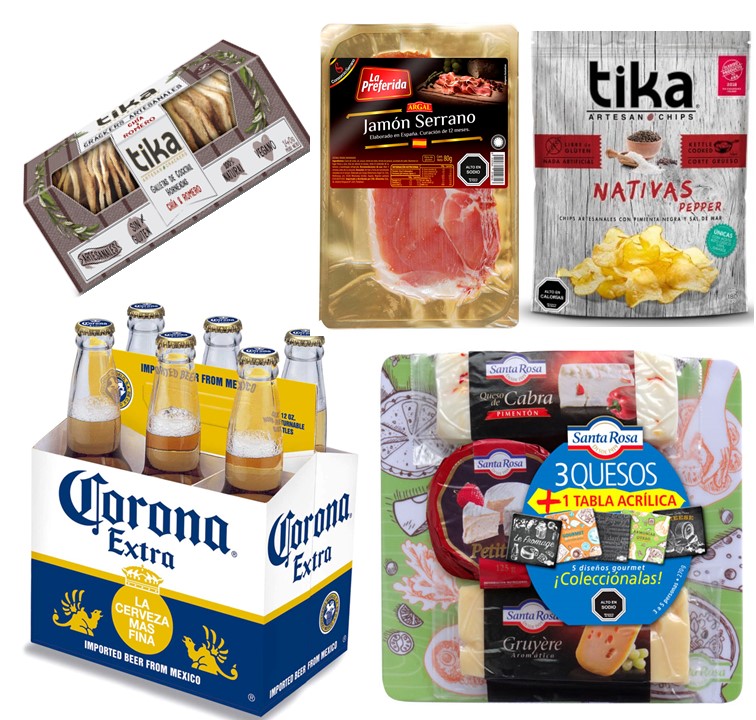 Cerveza Corona, Tabla 3 Quesos, Jamn Serrano, Galletas Crackers y Papas Artesanales