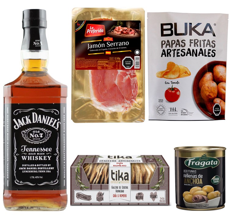 Whisky Jack Daniels, Jamn Serrano, Papas Artesanales, Galletas Crackers y Aceitunas