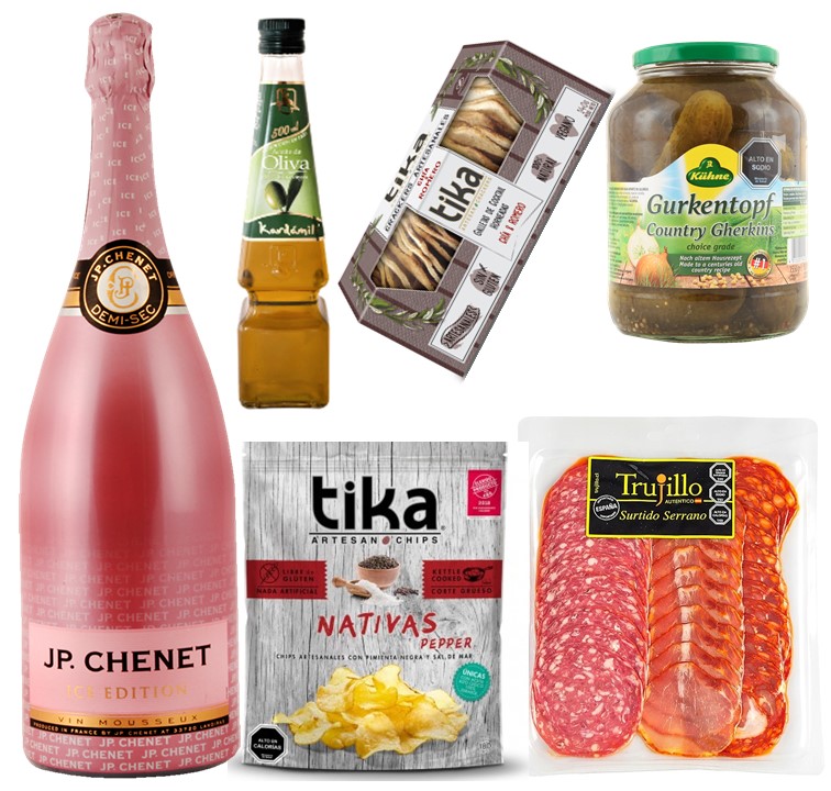 Vino Espumante, Surtido Serrano, Galletas Crackers, Papas, Pepinillos y Aceite