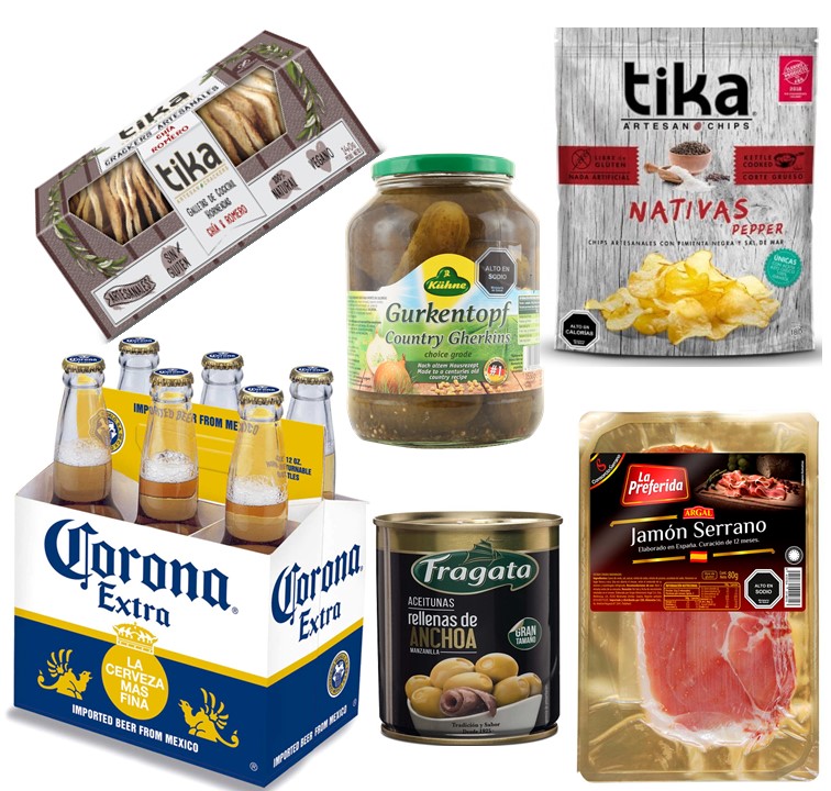 Cerveza Corona, Jamn Serrano, Papas Artesanales, Galletas Crackers, Pepinillos y Aceitunas 